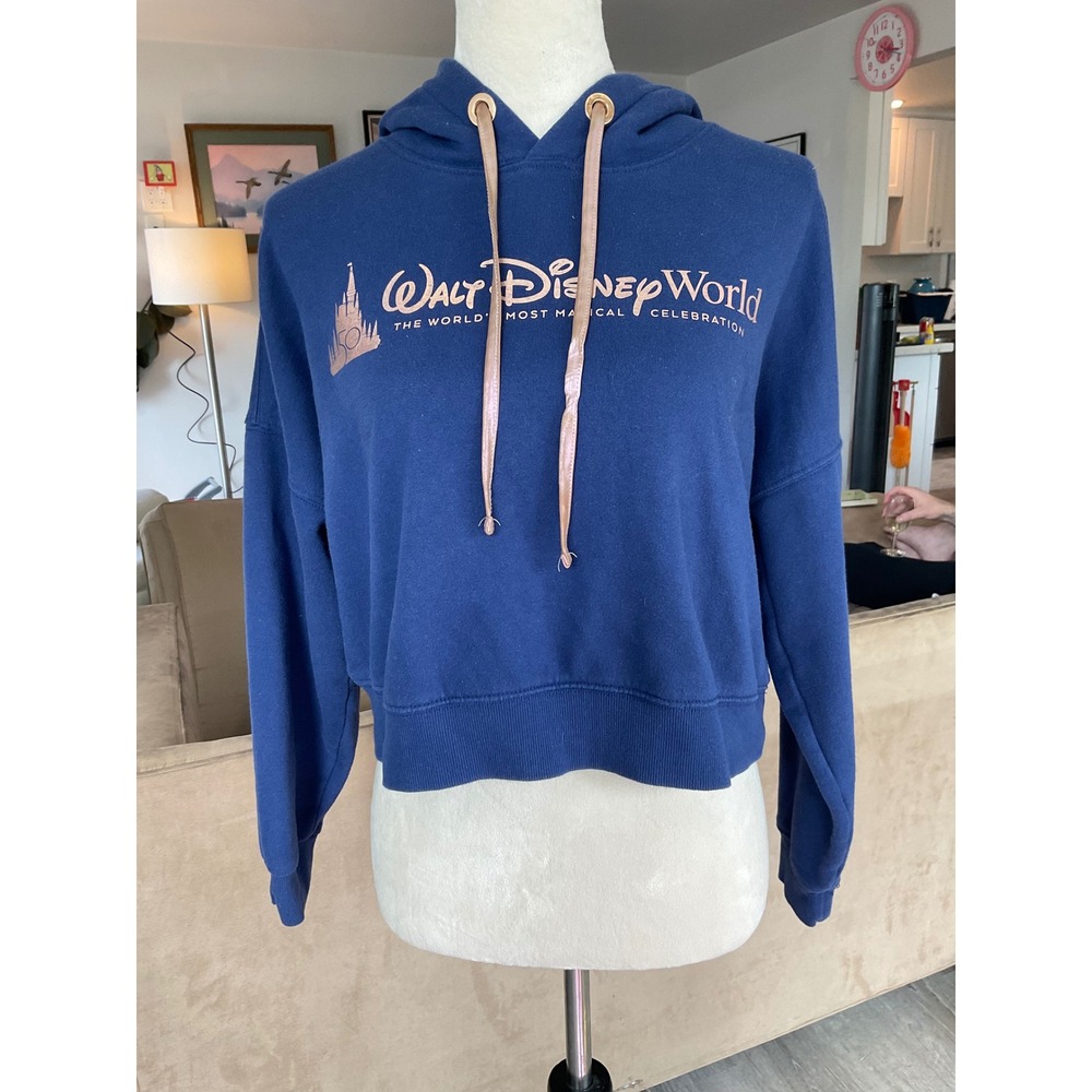 Disney World 50th Anniversary Navy Blue Cropped Hoodie Rose‎ Gold XS